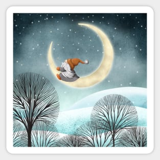 Scandinavian gnome and moon winter watercolor fantasy illustration. Swedish cute gnome in snow night forest. Sticker